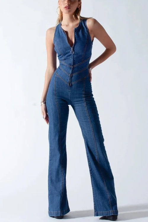 Margovil Zip Up Sleeveless Heart Back Bell Bottom Denim Jumpsuit