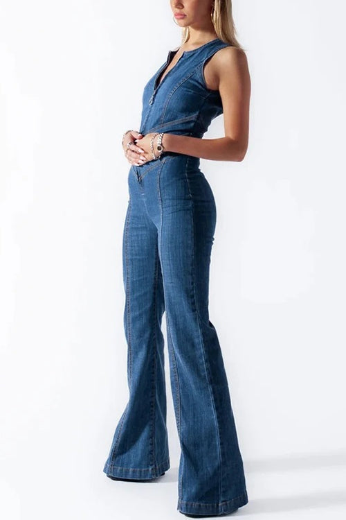 Margovil Zip Up Sleeveless Heart Back Bell Bottom Denim Jumpsuit