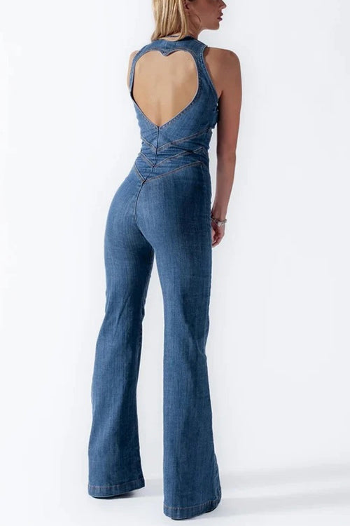 Margovil Zip Up Sleeveless Heart Back Bell Bottom Denim Jumpsuit