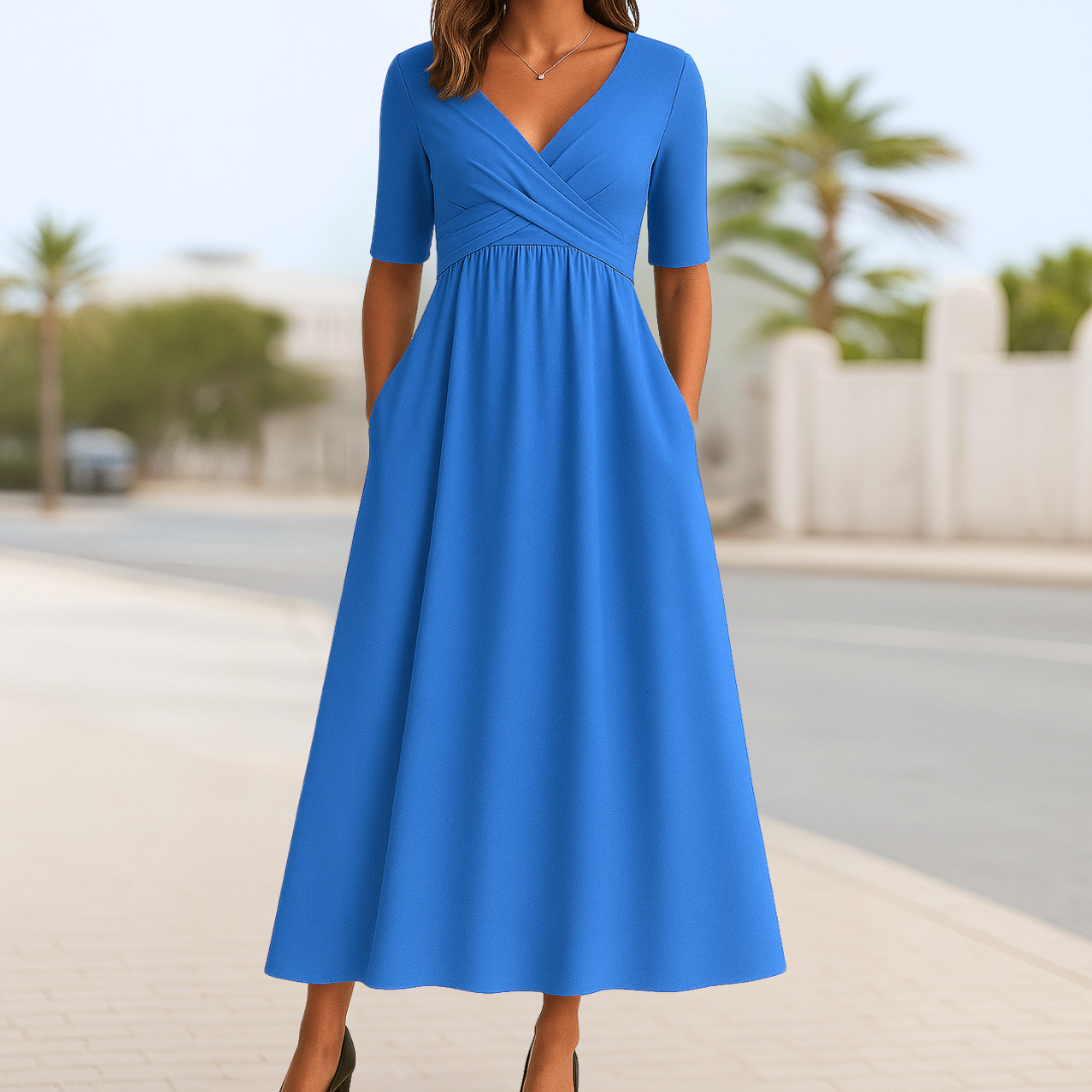Moda Amalia Monique Short Sleeve Crossed Dress Navy Blue S-3XL