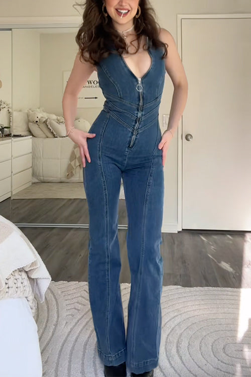 Margovil Zip Up Sleeveless Heart Back Bell Bottom Denim Jumpsuit