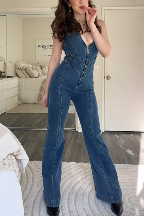 Margovil Zip Up Sleeveless Heart Back Bell Bottom Denim Jumpsuit