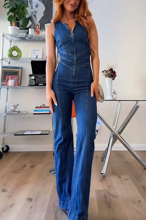 Margovil Zip Up Sleeveless Heart Back Bell Bottom Denim Jumpsuit