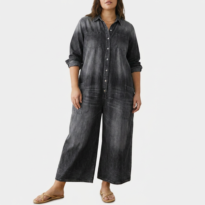 Diana Vintage Washed Soft Cotton Denim Jumpsuit with Button Closure