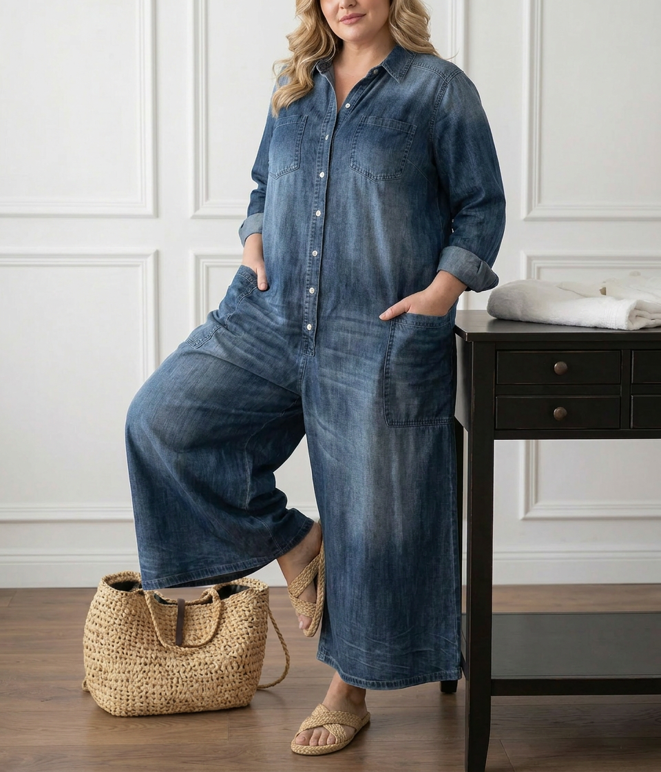 Diana Vintage Washed Soft Cotton Denim Jumpsuit with Button Closure