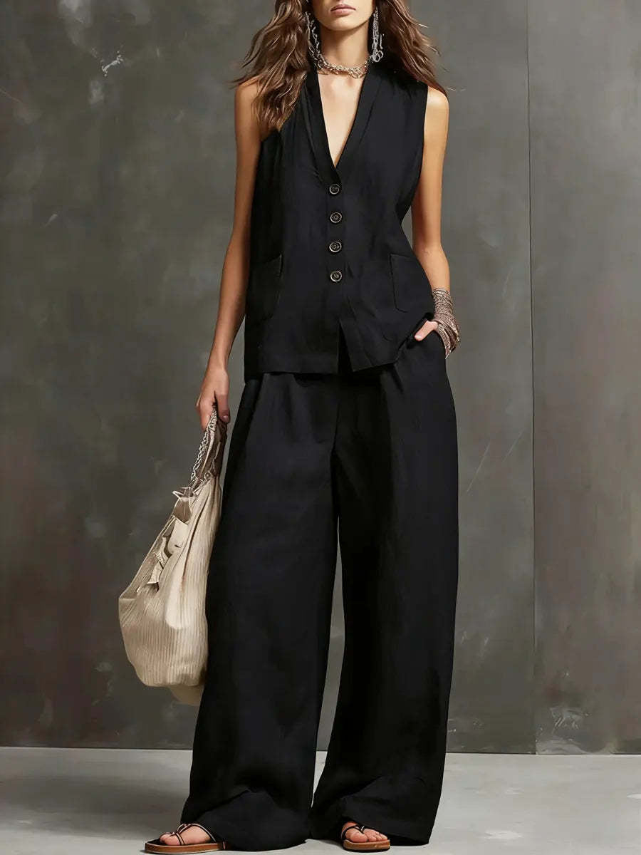 Irina™ — Set elegant din bumbac și in cu vestă și pantaloni largi