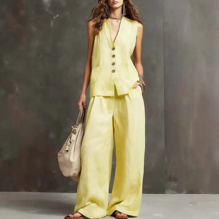 Irina™ — Set elegant din bumbac și in cu vestă și pantaloni largi