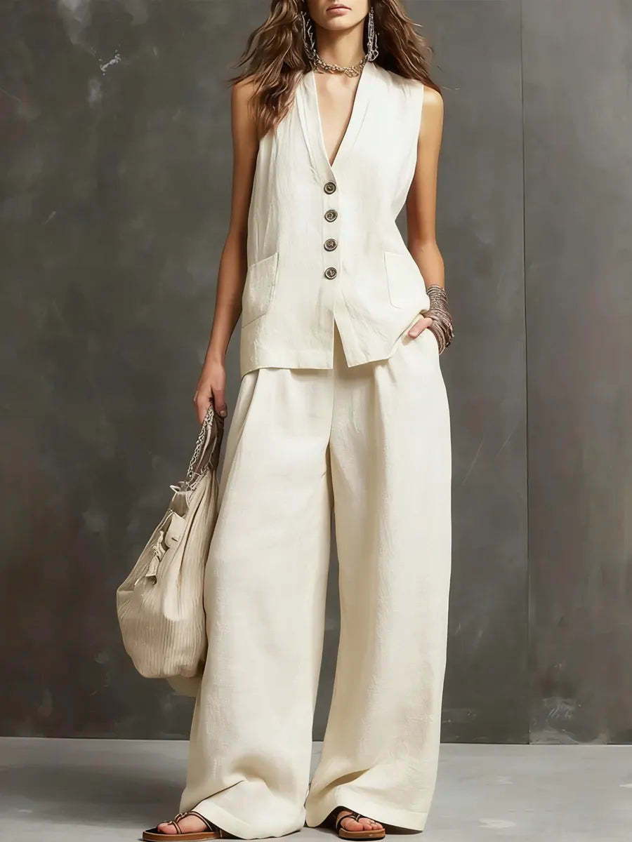 Irina™ — Set elegant din bumbac și in cu vestă și pantaloni largi