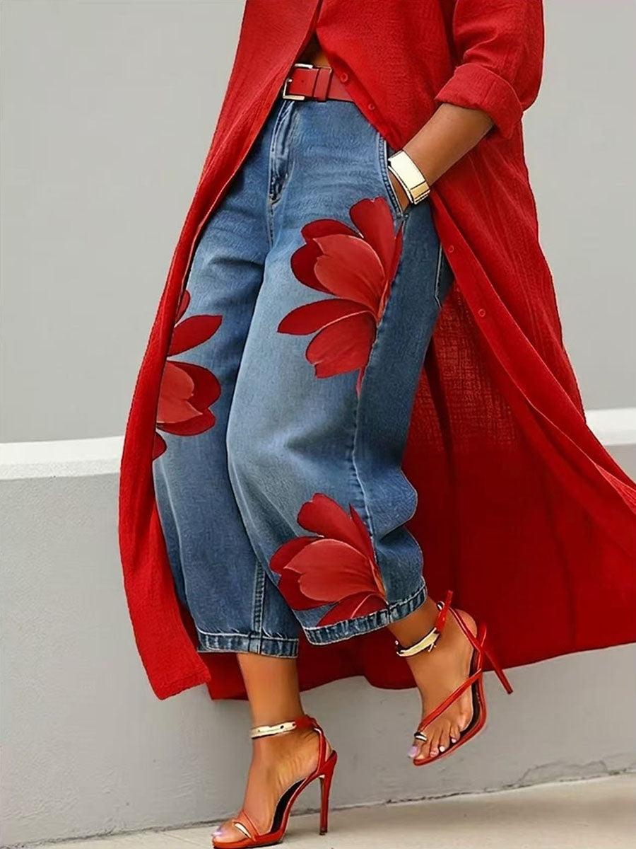 Moda Amalia Sophia Floral Wide-Leg Pants Red S-3XL