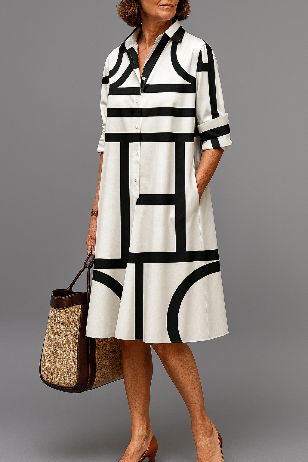 Moda Amalia Ellie Midi Dress Alb-Negru S-3XL