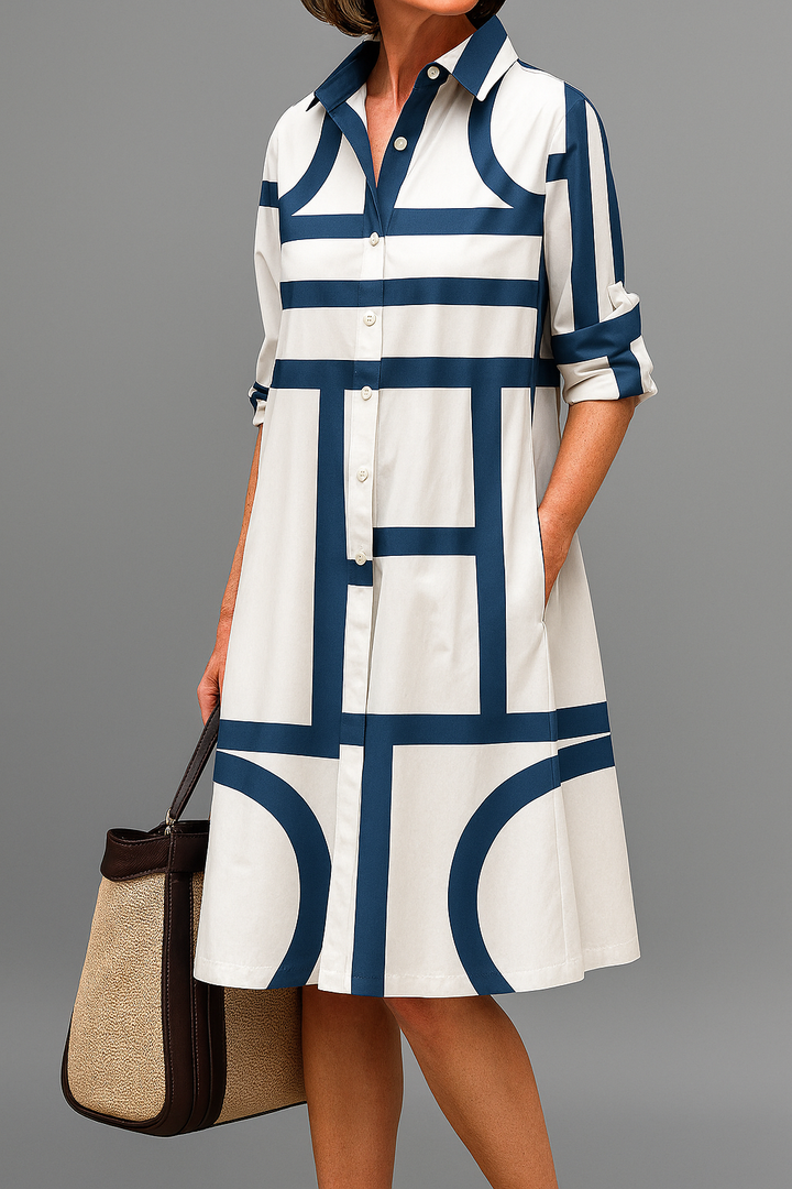 Moda Amalia Siena Midi Dress Alb-Albastru S-3XL