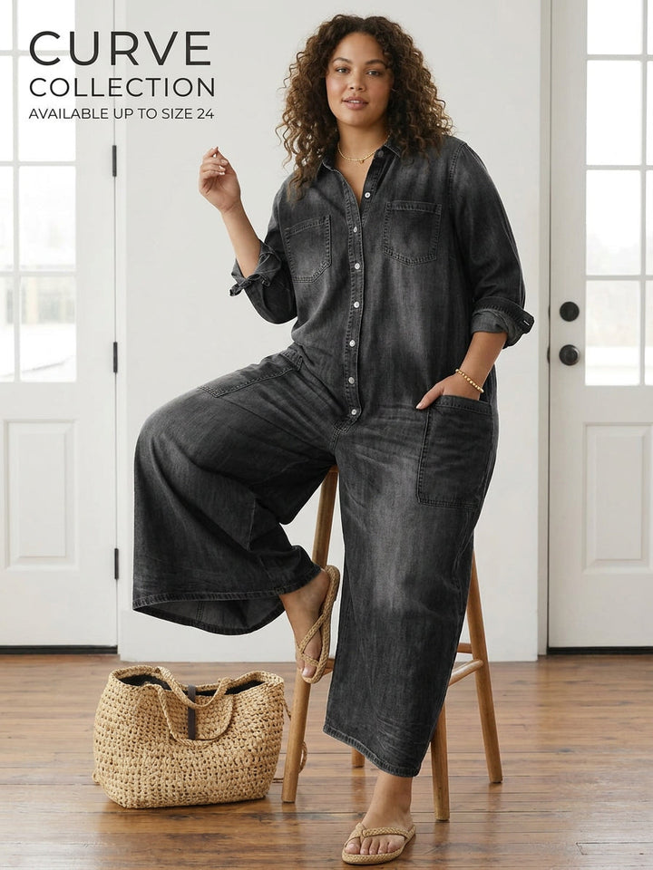 Diana Vintage Washed Soft Cotton Denim Jumpsuit with Button Closure
