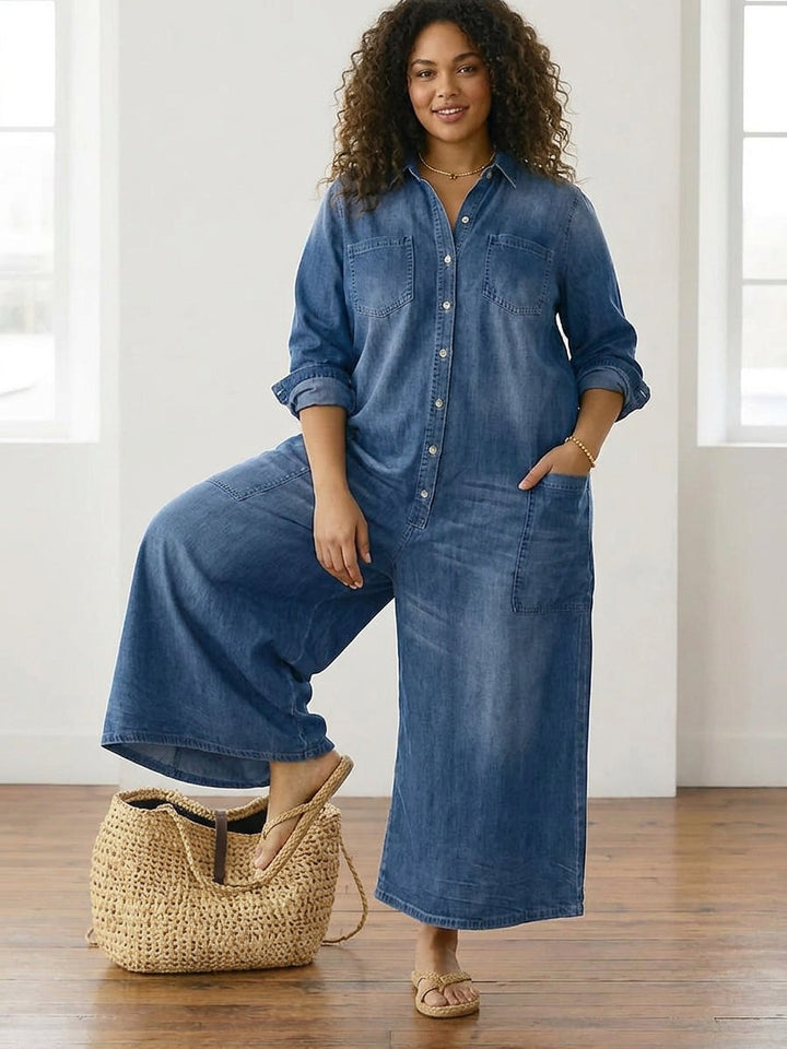 Diana Vintage Washed Soft Cotton Denim Jumpsuit with Button Closure