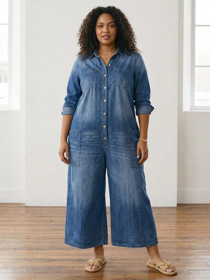 Diana Vintage Washed Soft Cotton Denim Jumpsuit with Button Closure