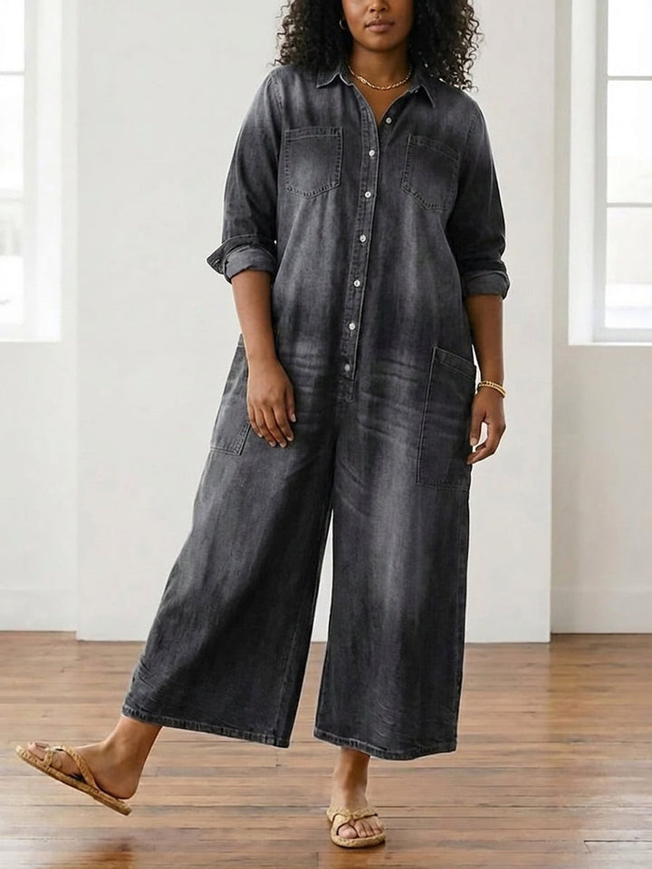 Diana Vintage Washed Soft Cotton Denim Jumpsuit with Button Closure