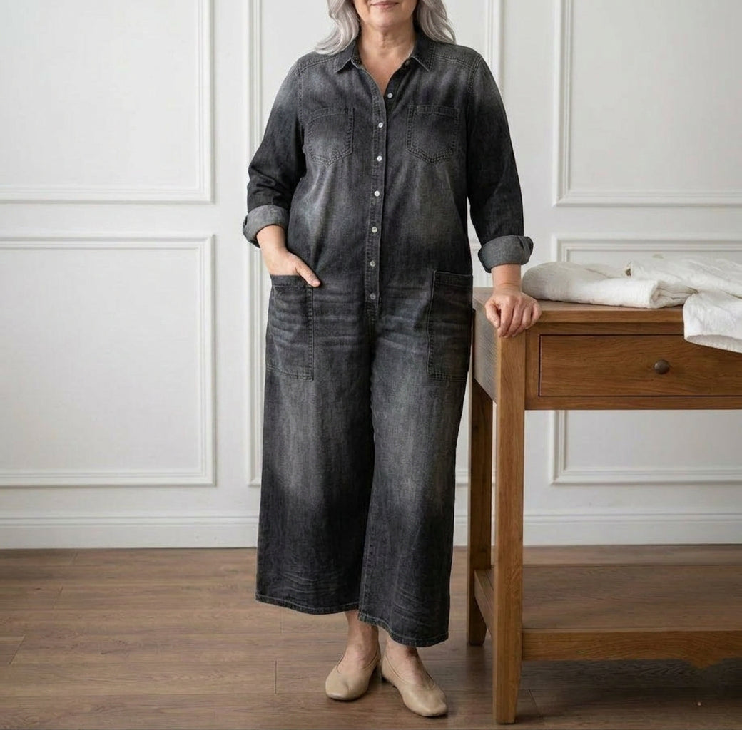 Diana Vintage Washed Soft Cotton Denim Jumpsuit with Button Closure
