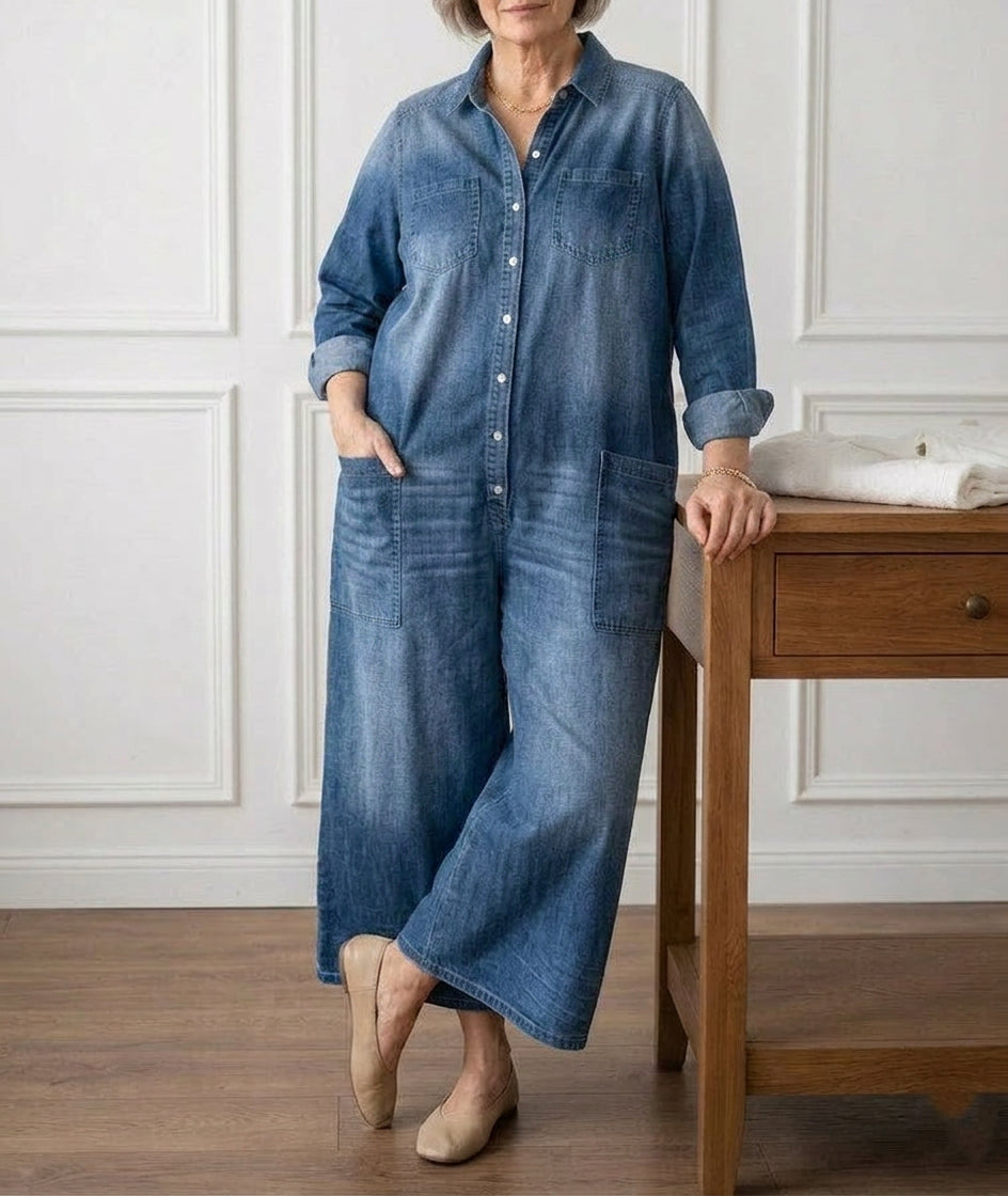 Diana Vintage Washed Soft Cotton Denim Jumpsuit with Button Closure