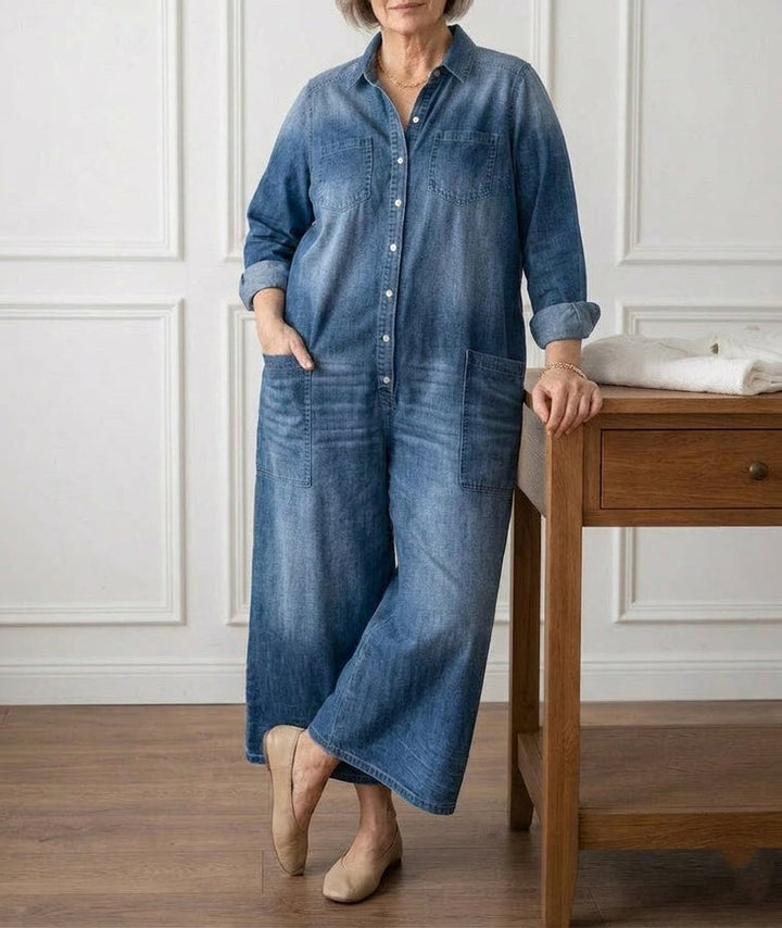 Diana Vintage Washed Soft Cotton Denim Jumpsuit with Button Closure